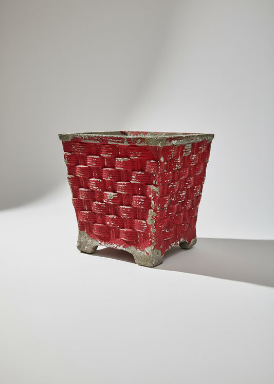 Willy Guhl woven planter in vintage red concrete with basketweave texture, iconic mid-century modern fiber cement design for garden or interior decor — Hommes and Gardens, Pots and Vessels Collection, Planters, Designer Decor, Outdoor Living, Mid Century Modern, Concrete Art, Vintage Garden Planter, Swiss Design, Collectible Home Accent.