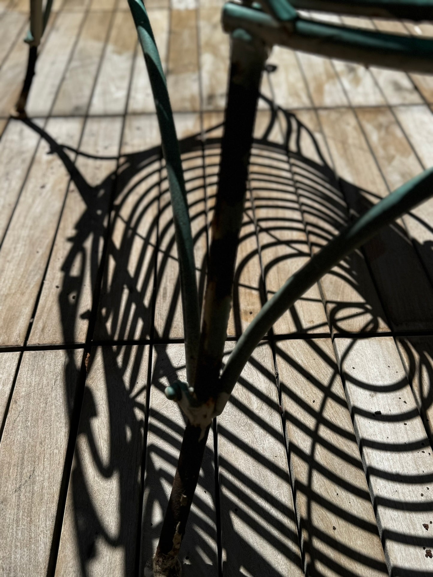 Close-up detail of vintage wrought iron peacock garden bench showing ornate scrollwork shadows and teal patina leg design — Hommes and Gardens, Furniture Collection, landscape design, plant design, Landscape Architect, Interior Designer, Outdoor Living, Outdoor Decorations, Home Design, Luxury Design, Art, Furniture, Objects, Best Gifts, Nature, Backyard, Yard.