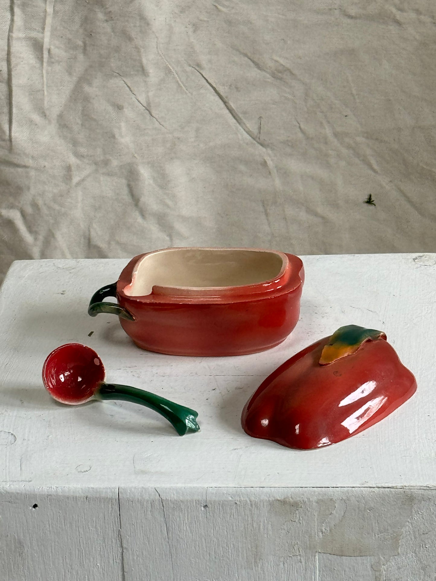 Vintage Hand Painted Chili Pepper Salsa Bowl & Spoon 3 piece Set