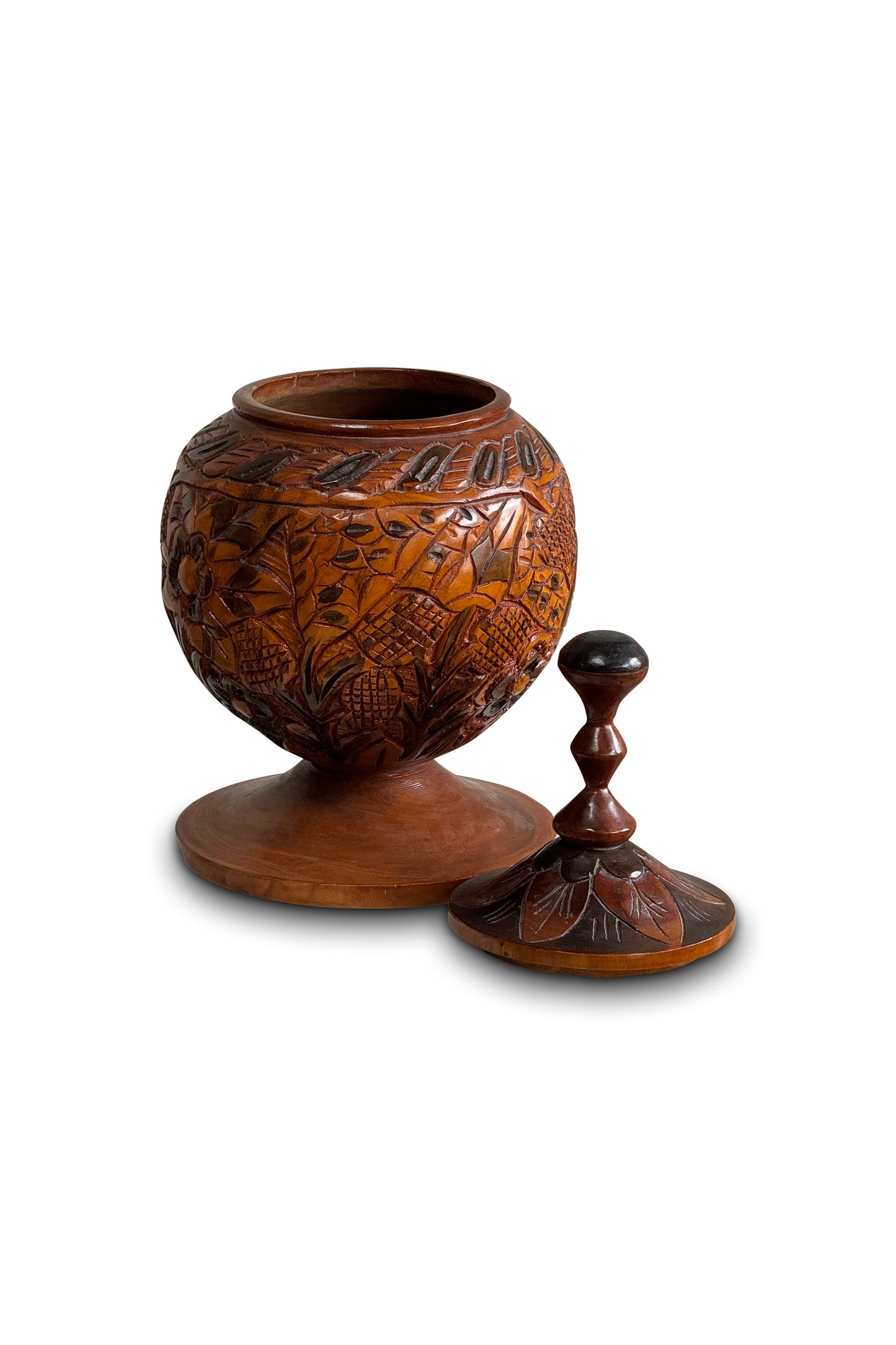 Vintage Arts and Crafts Hand Carved Wooden Lidded Vessel