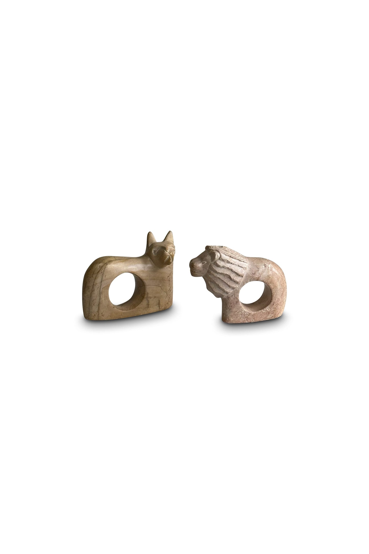 Handmade Kenyan Soapstone Cat & Lion Napkin Rings - Set of 2