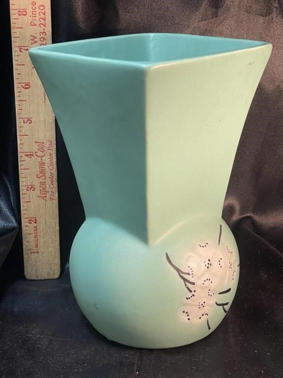 McCoy Pottery - Mid-Century Green Springwood Vase with dogwood flower