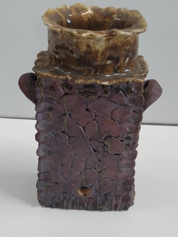 Vintage Rustic Pottery Vase, Signed "Rikki"