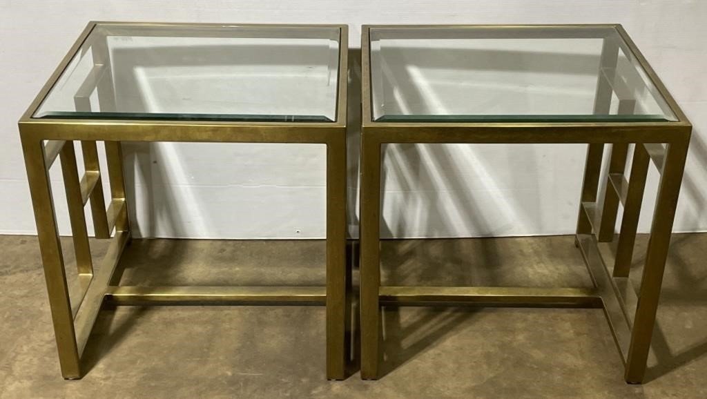 Brass Square End Tables with Glass Tops (Set of 2)