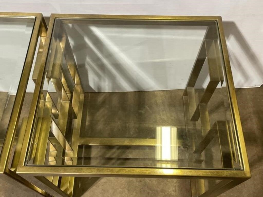 Brass Square End Tables with Glass Tops (Set of 2)