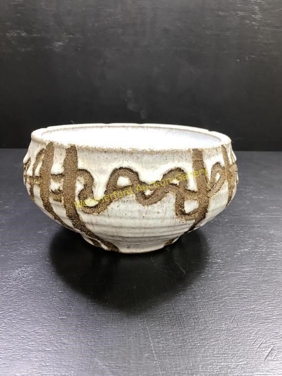 Mid Century Pottery white bowl with carved design