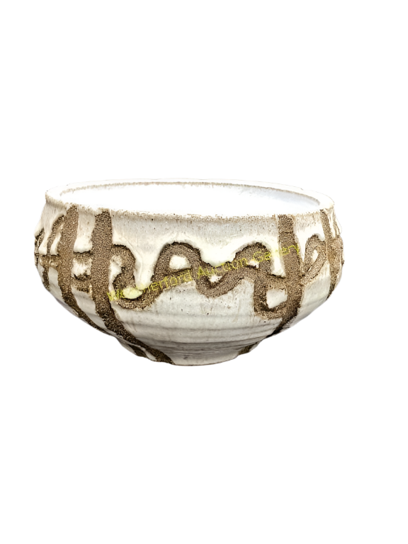 Mid Century Pottery white bowl with carved design