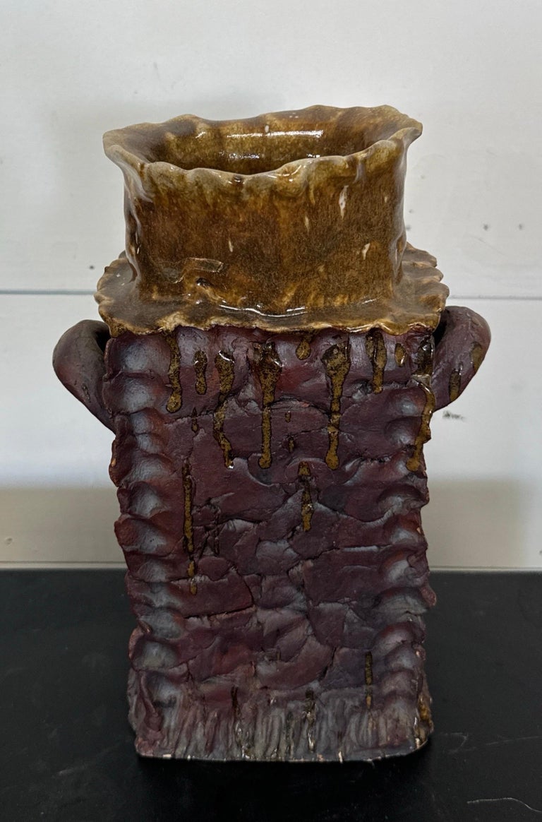 Vintage Handmade Signed Tall Square Shaped Ceramic Vase