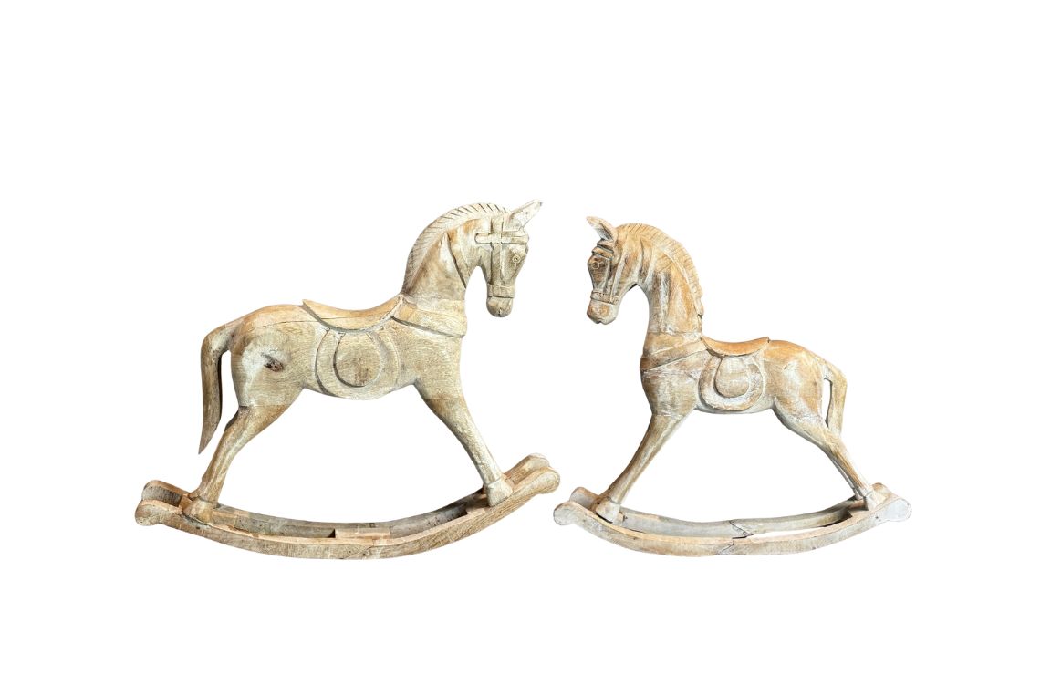 Antique Hand-Carved Wooden Rocking Horses – Rustic Folk Art Pair, 23” & 15.5”