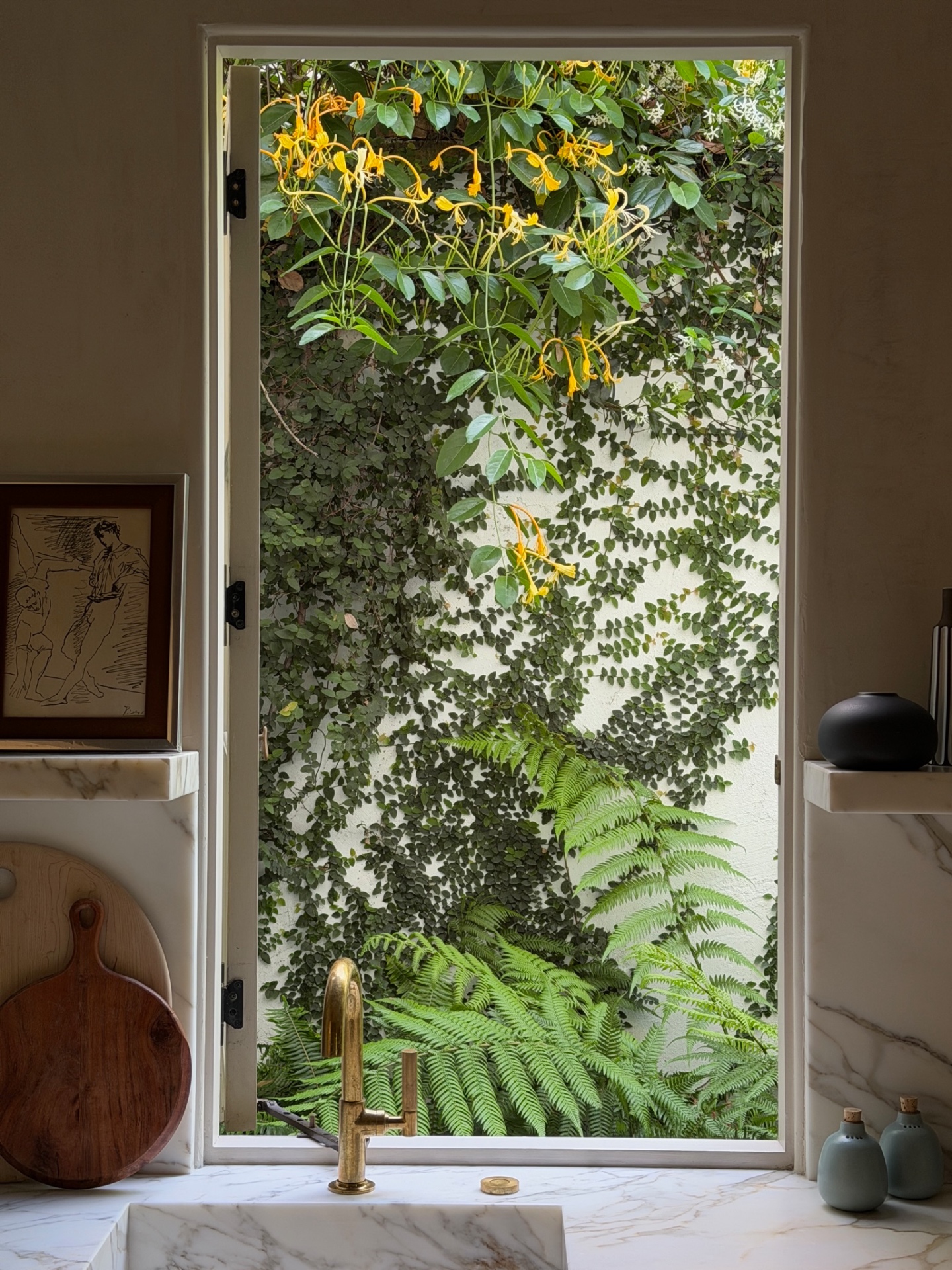 View from an interior sink out toward layered planting and flowering vines