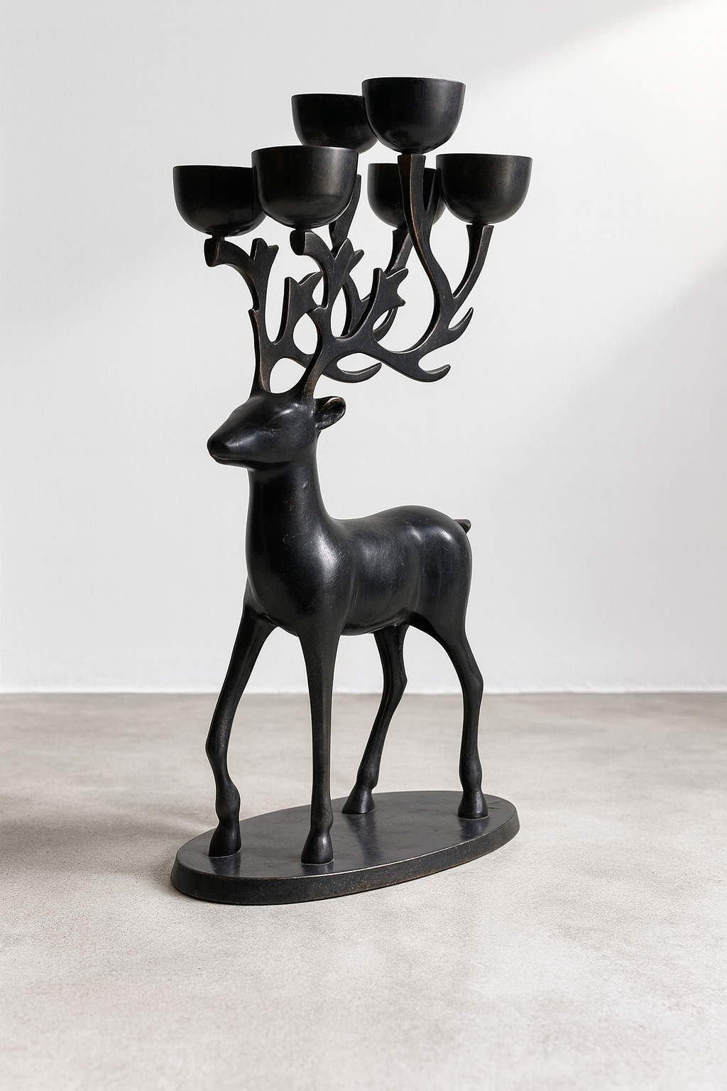 Elegant Black Metal Stag Candelabra with Sculptural Antler Candle Cups