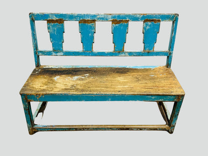 Rustic Distressed Blue Wooden Bench with Geometric Cutout Backrest