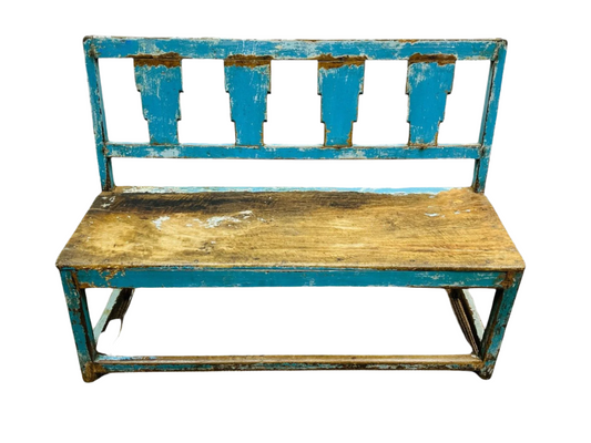 Rustic Distressed Blue Wooden Bench with Geometric Cutout Backrest