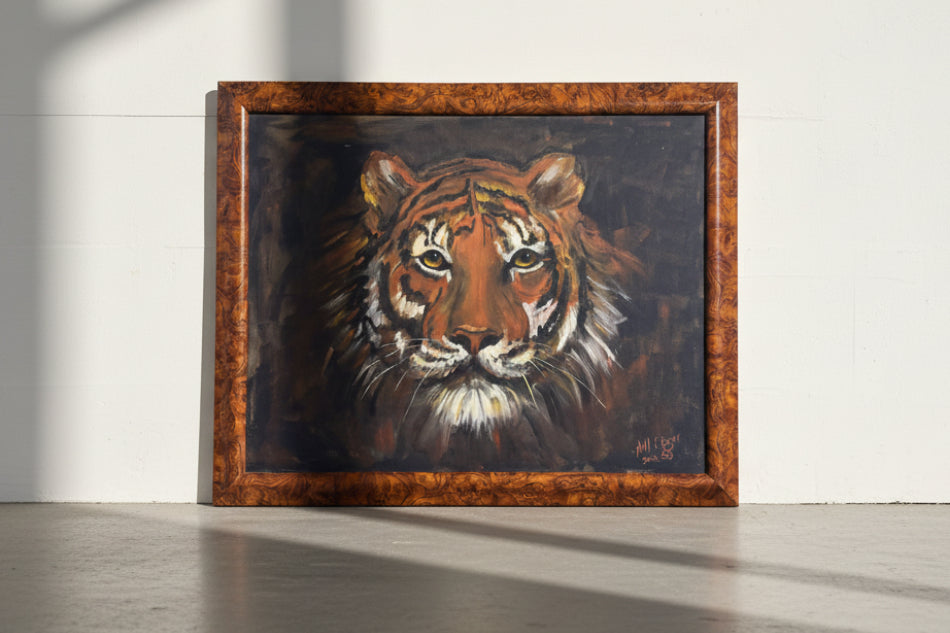1983 Signed Tiger Portrait Oil Painting by Neil Edgar in Burlwood-Style Frame