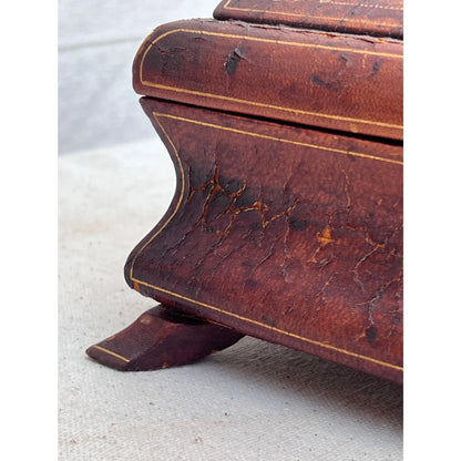 19th Century Small Leather Wrapped Bookend Lid Jewelry Box