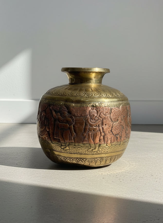 19th Century Indian Brass & Copper Ritual Vessel with Hand-Etched Hindu Deities, showcasing intricate details and craftsmanship. hommes + gardens estudio.