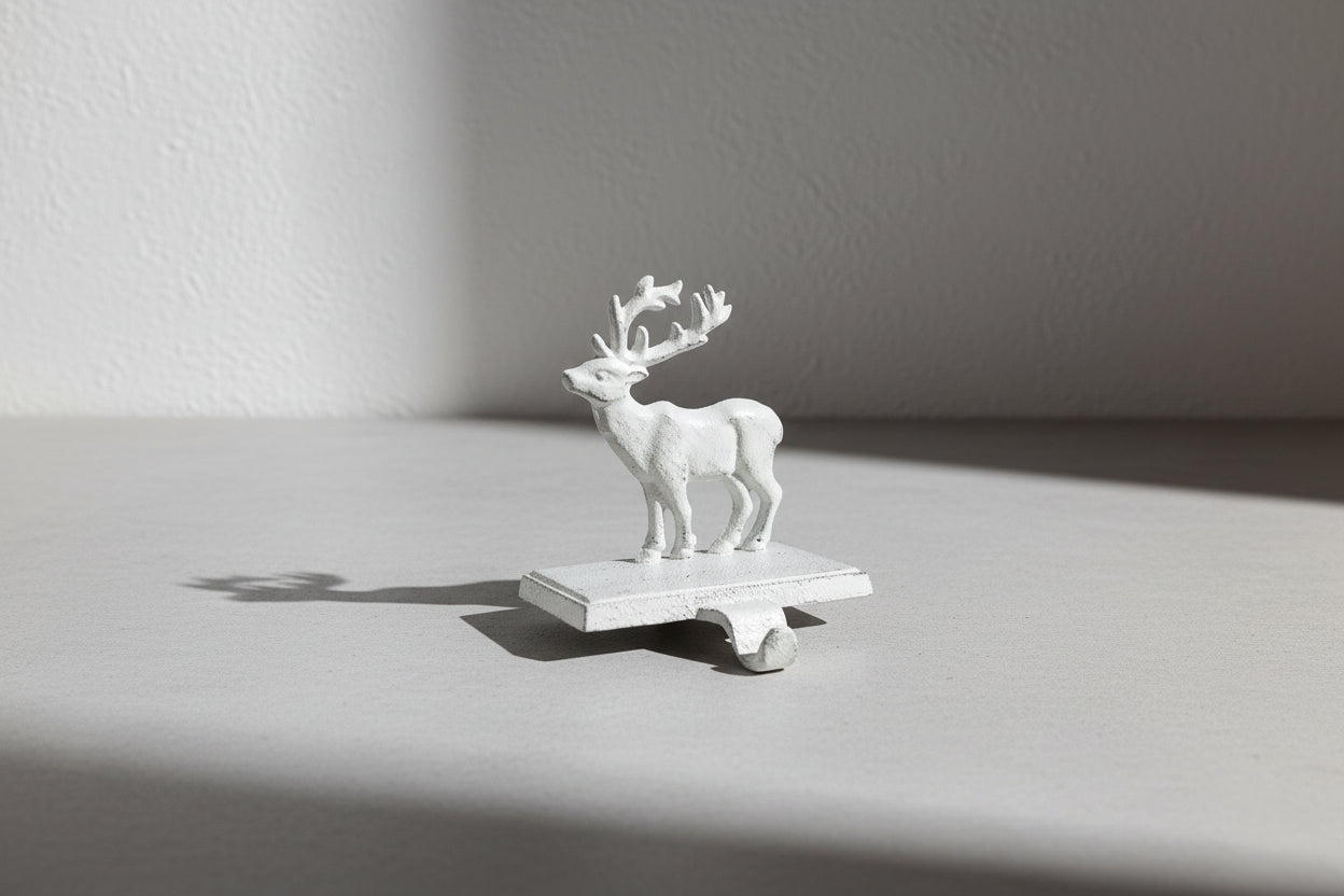 Antique-Style Cast Iron Stag Stocking Holder with Distressed White Finish, Rustic Mantel or Shelf Accent