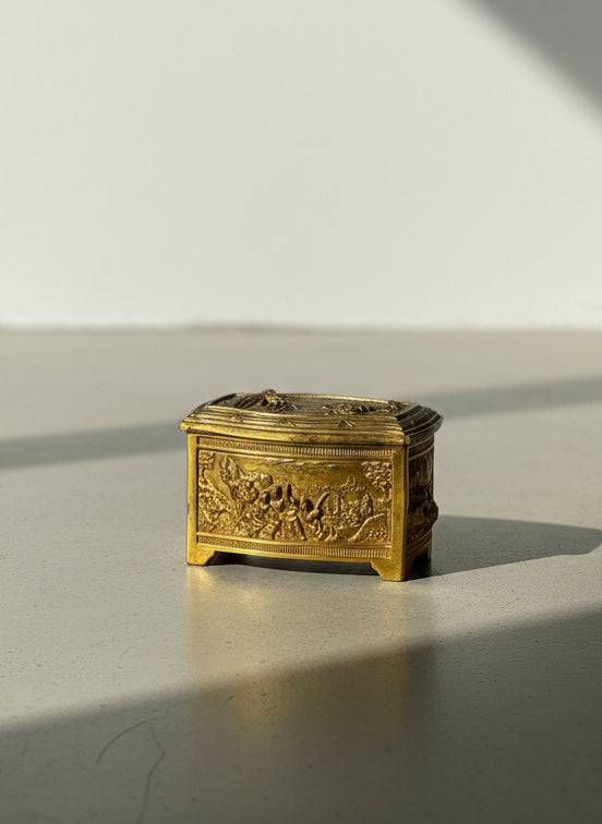 Antique-Style Gilt Metal Miniature Jewelry Casket with Figural Relief Panels & Velvet Interior