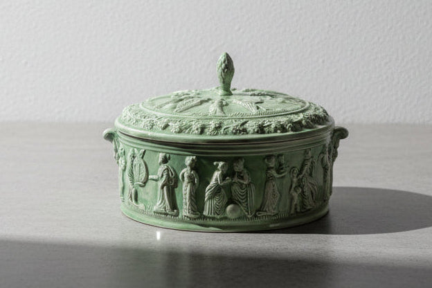 Monumental Green Glazed Neoclassical Figural Lidded Ceramic Box with Classical Relief Frieze