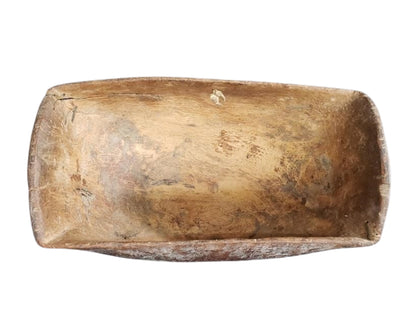 Antique Hand-Carved Wooden Dough Bowl – Primitive Rustic Trough with Early Stitch Repairs