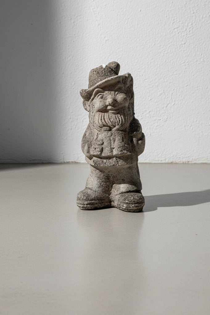 Antique 1970s Concrete Garden Gnome Statue with Hat and Lantern