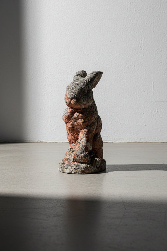 Antique 1970s Painted Concrete Rabbit Garden Statue with Weathered Patina