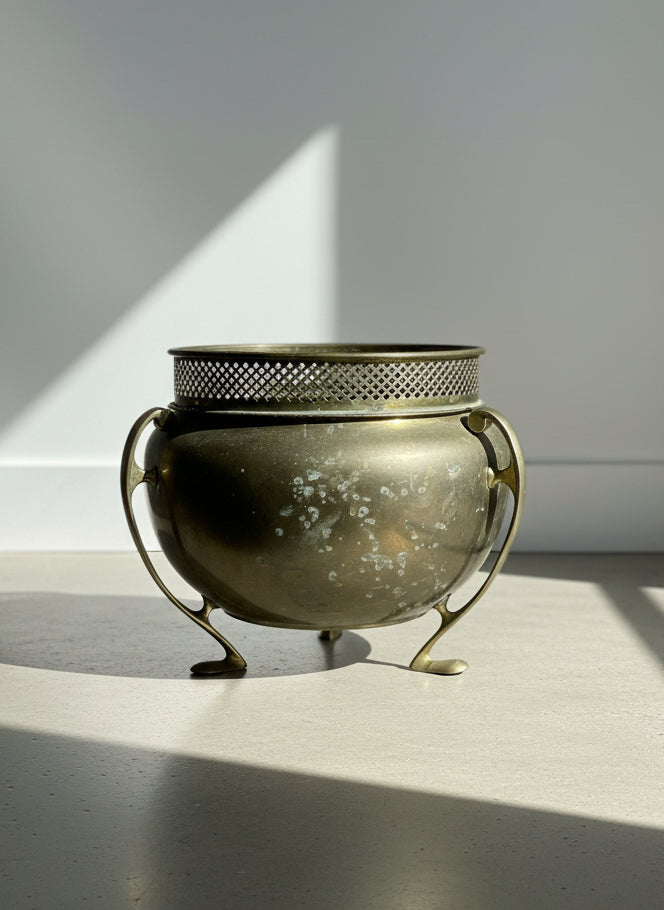 Antique Art Nouveau Brass Jardinière Planter with Pierced Gallery Rim and Stylized Handles