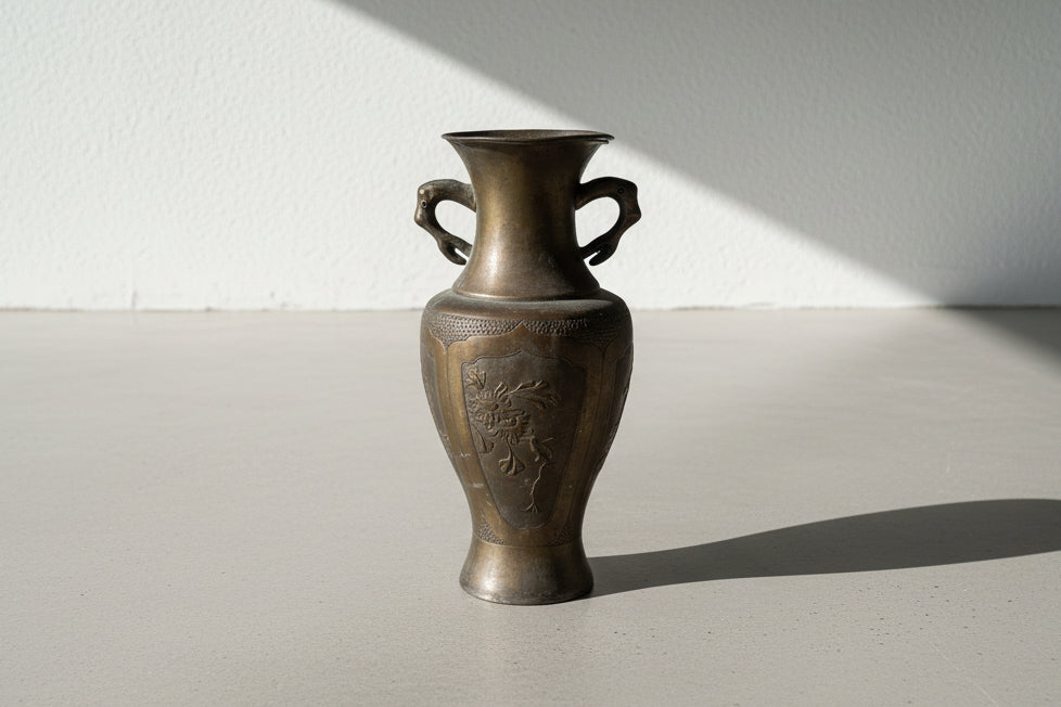 Antique Asian Bronze Vase with Sculptural Handles and Floral Relief Panels