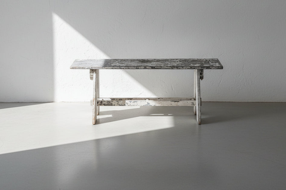 Antique European Rustic Painted Wood Garden Bench with Original Weathered Patina