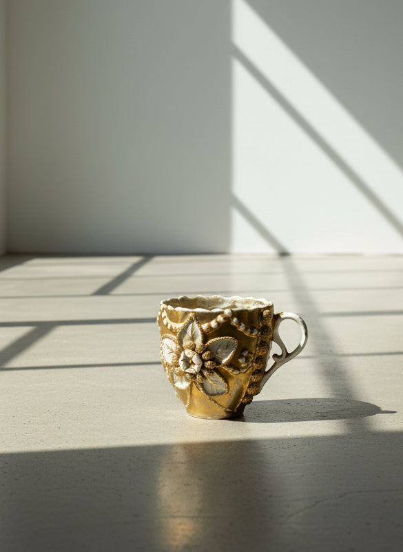 Antique Gilt Porcelain Cup with Applied Floral Medallion