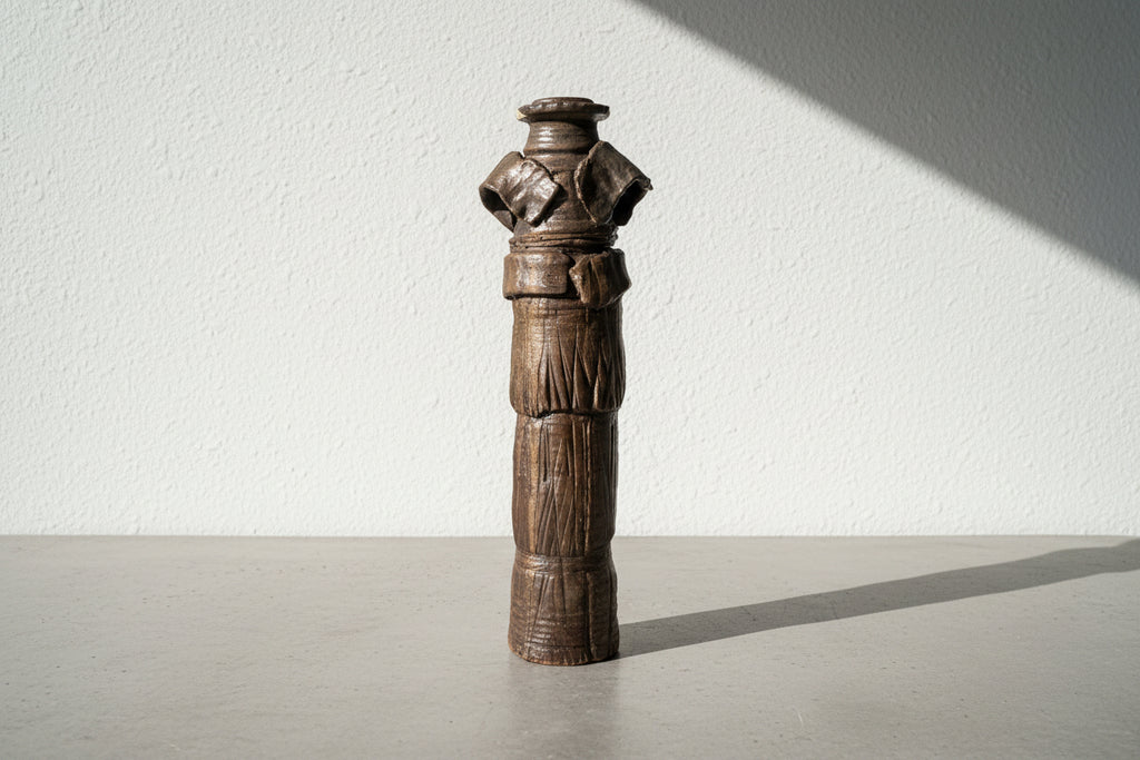 Antique Hand-Built Stoneware Sculptural Vessel with Armor-Like Relief, Earth-Tone Ash Glaze