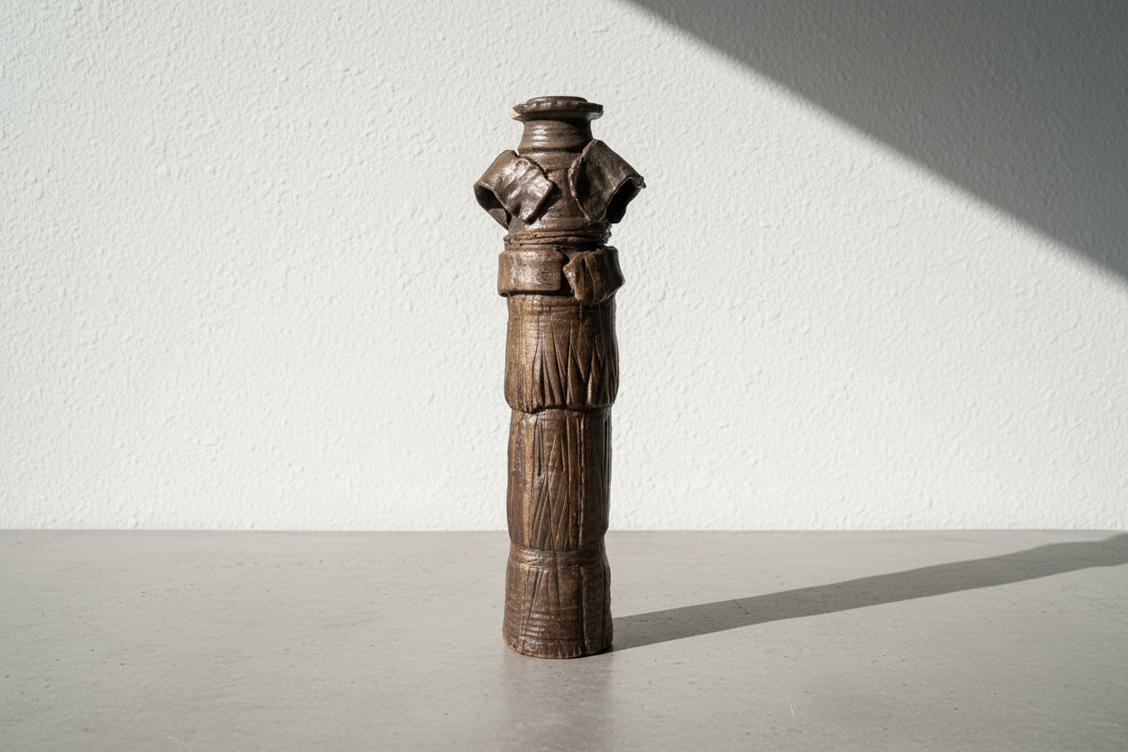 Antique Hand-Built Stoneware Sculptural Vessel with Armor-Like Relief, Earth-Tone Ash Glaze