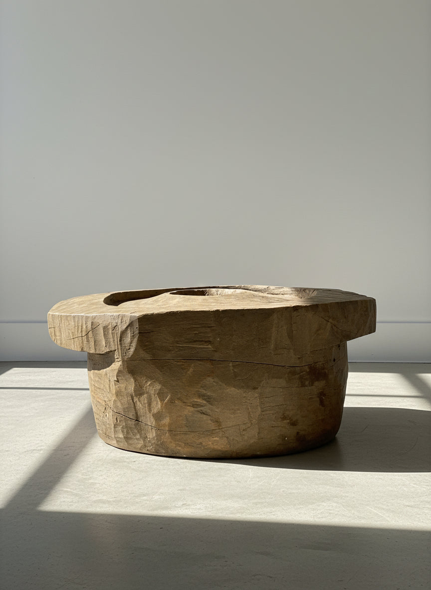 Antique Hand-Carved Wooden Mortar Base – Rustic Primitive Tool