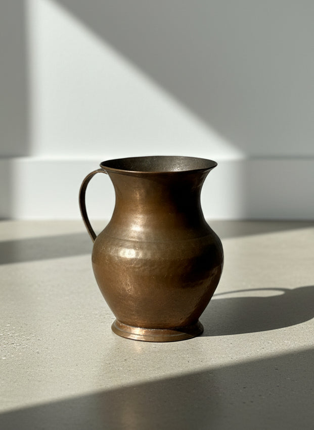 Antique Hand-Hammered Copper Vase with Riveted Handle and Warm Aged Patina