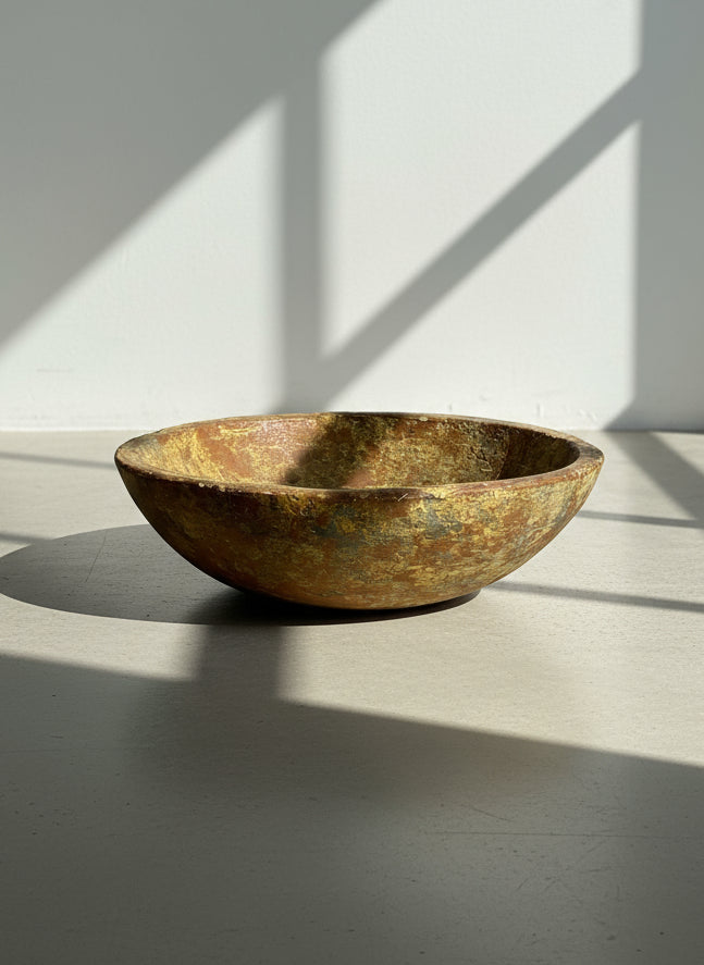 Antique Handcrafted European Wooden Dough Bowl with Aged Ochre and Gold Patina