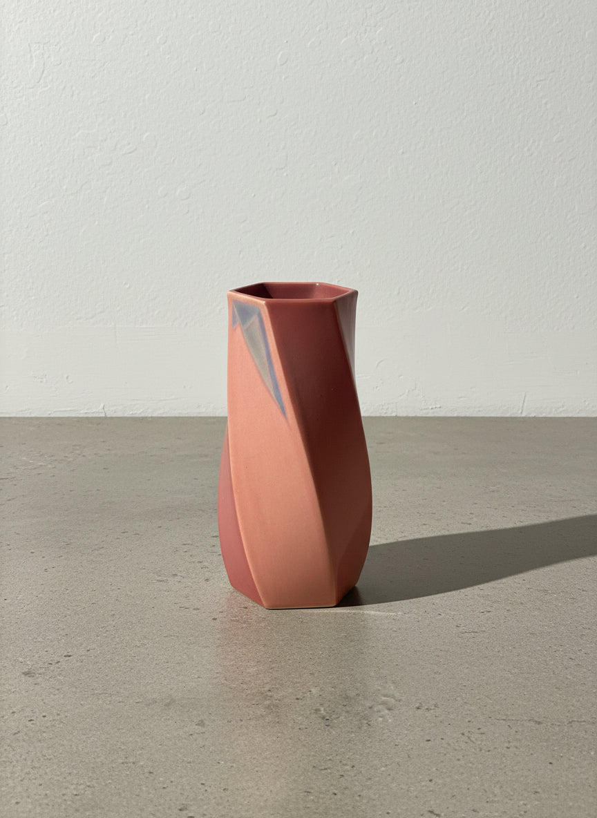 Roseville Pottery Futura Sculptural Twist Vase in Matte Raspberry Pink Glaze, c1924