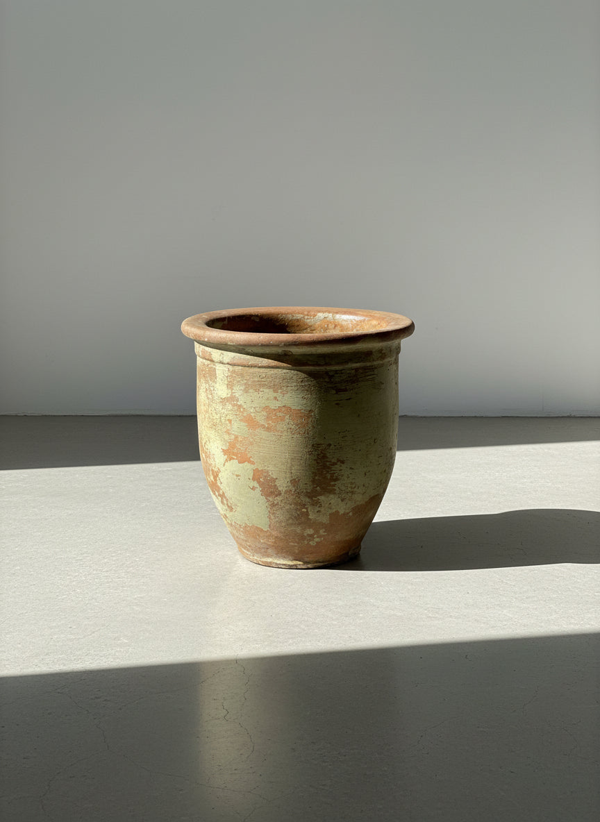 Antique Handcrafted Terracotta Storage Vessel with Distressed Aged-Paint Patina