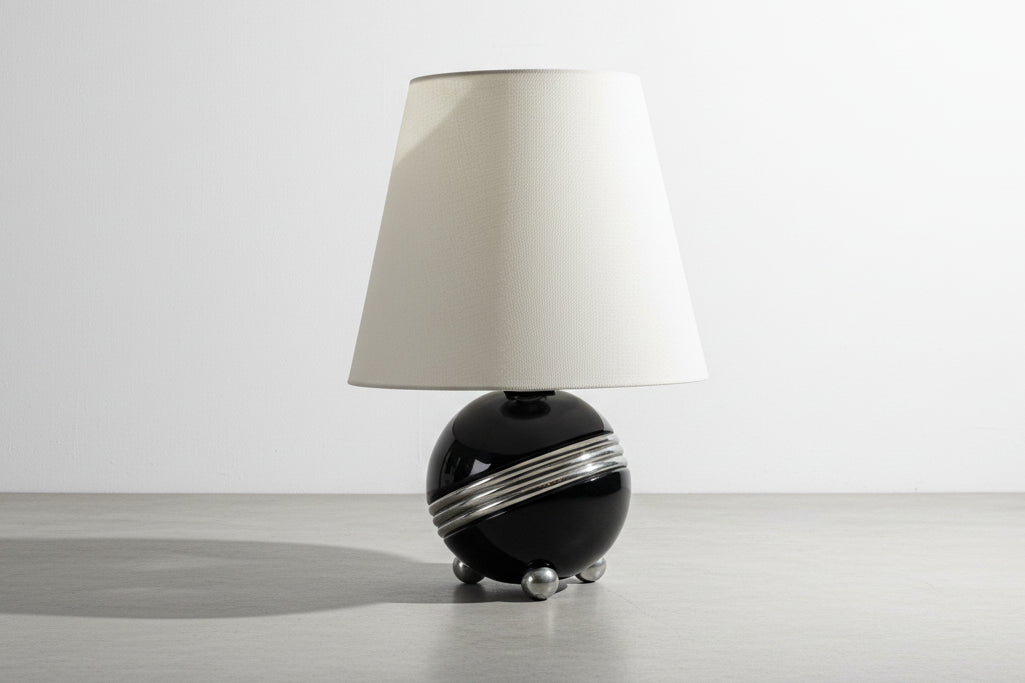 Art Deco Style Black Ceramic Orb Table Lamp with Chrome Banding and Tripod Feet