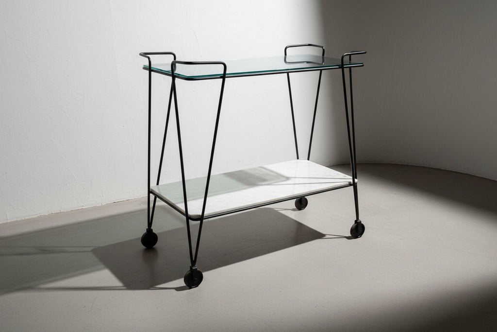 Arteriors “Myrtle” Bar Cart with Antiqued Mercury Glass Top & Carrara Marble