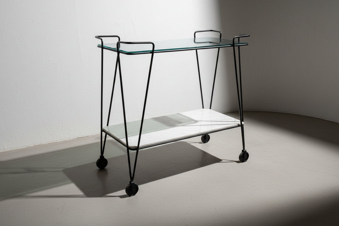 Arteriors “Myrtle” Bar Cart with Antiqued Mercury Glass Top & Carrara Marble