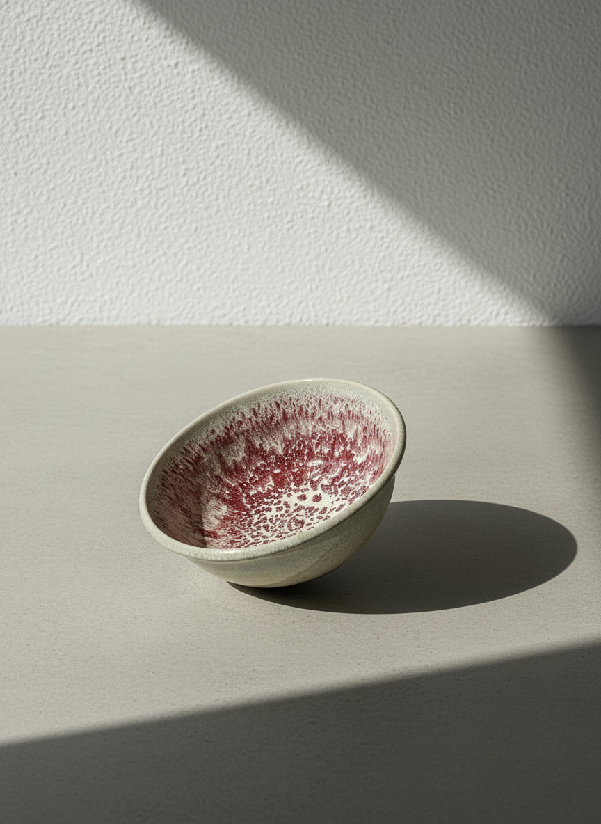 Artisan Studio Pottery Bowl with Red Speckled Drip-Glaze Interior and Soft Neutral Exterior