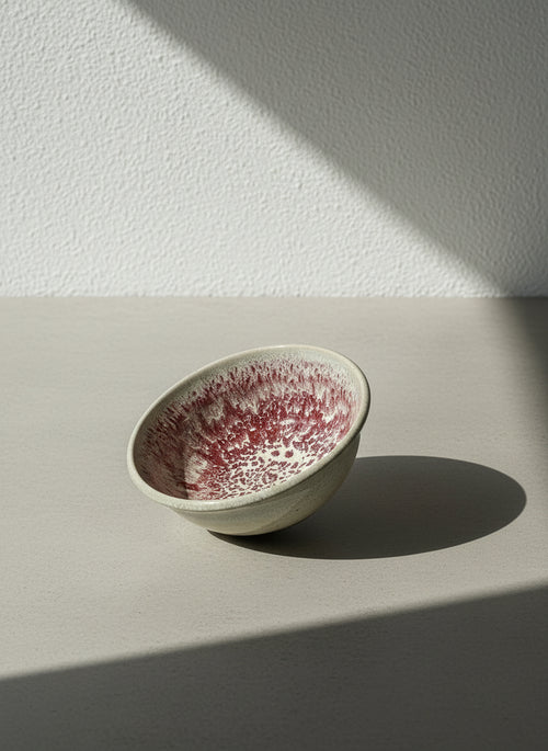 artisan studio pottery bowl red speckled drip glaze interior