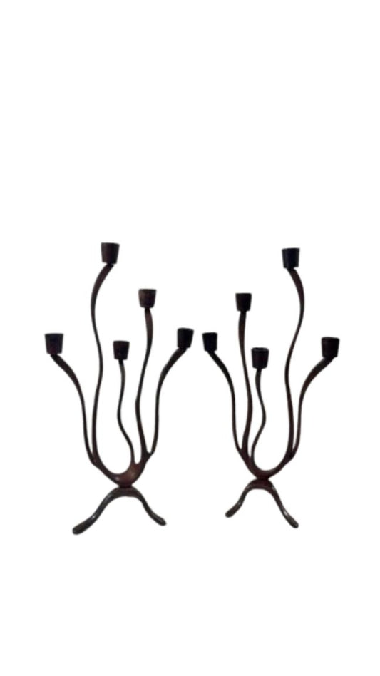 Pair of Sculptural Mid-Century Modern Brutalist Iron Candelabras – Organic Hand-Forged 5-Light Candle Holders