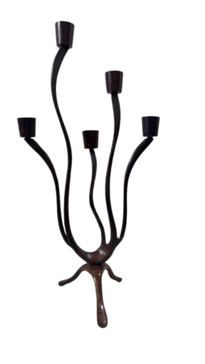 Pair of Sculptural Mid-Century Modern Brutalist Iron Candelabras – Organic Hand-Forged 5-Light Candle Holders