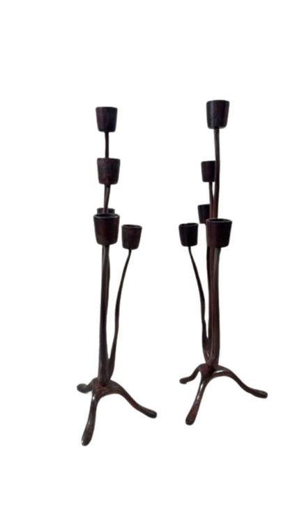 Pair of Sculptural Mid-Century Modern Brutalist Iron Candelabras – Organic Hand-Forged 5-Light Candle Holders