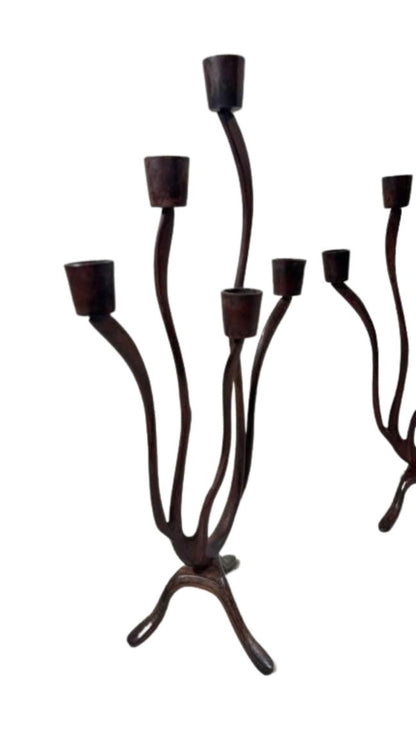 Pair of Sculptural Mid-Century Modern Brutalist Iron Candelabras – Organic Hand-Forged 5-Light Candle Holders