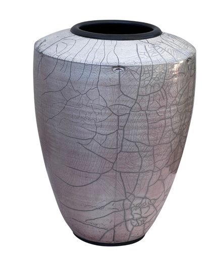 Large Handcrafted Raku Pottery Vase with Crackle Glaze and Artist Signature