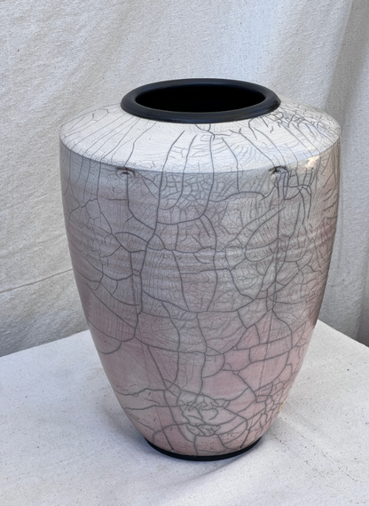 Large Handcrafted Raku Pottery Vase with Crackle Glaze and Artist Signature