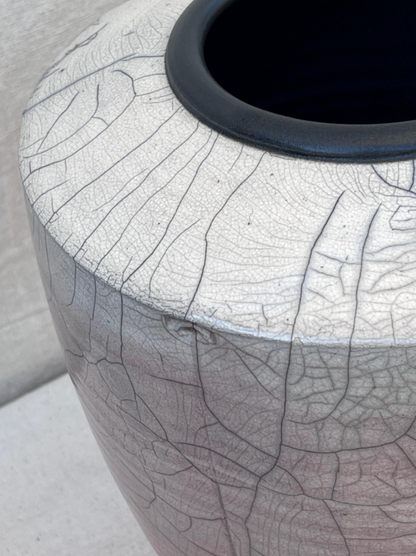 Large Handcrafted Raku Pottery Vase with Crackle Glaze and Artist Signature