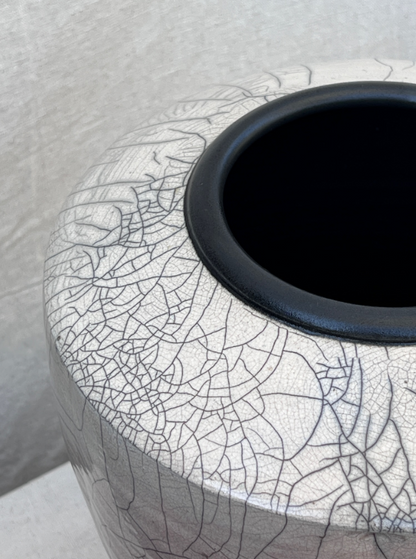 Large Handcrafted Raku Pottery Vase with Crackle Glaze and Artist Signature